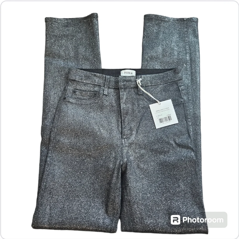 Pistola Colleen High Rise Stargaze Black Glitter Slit Bootcut Jeans 29 NWT